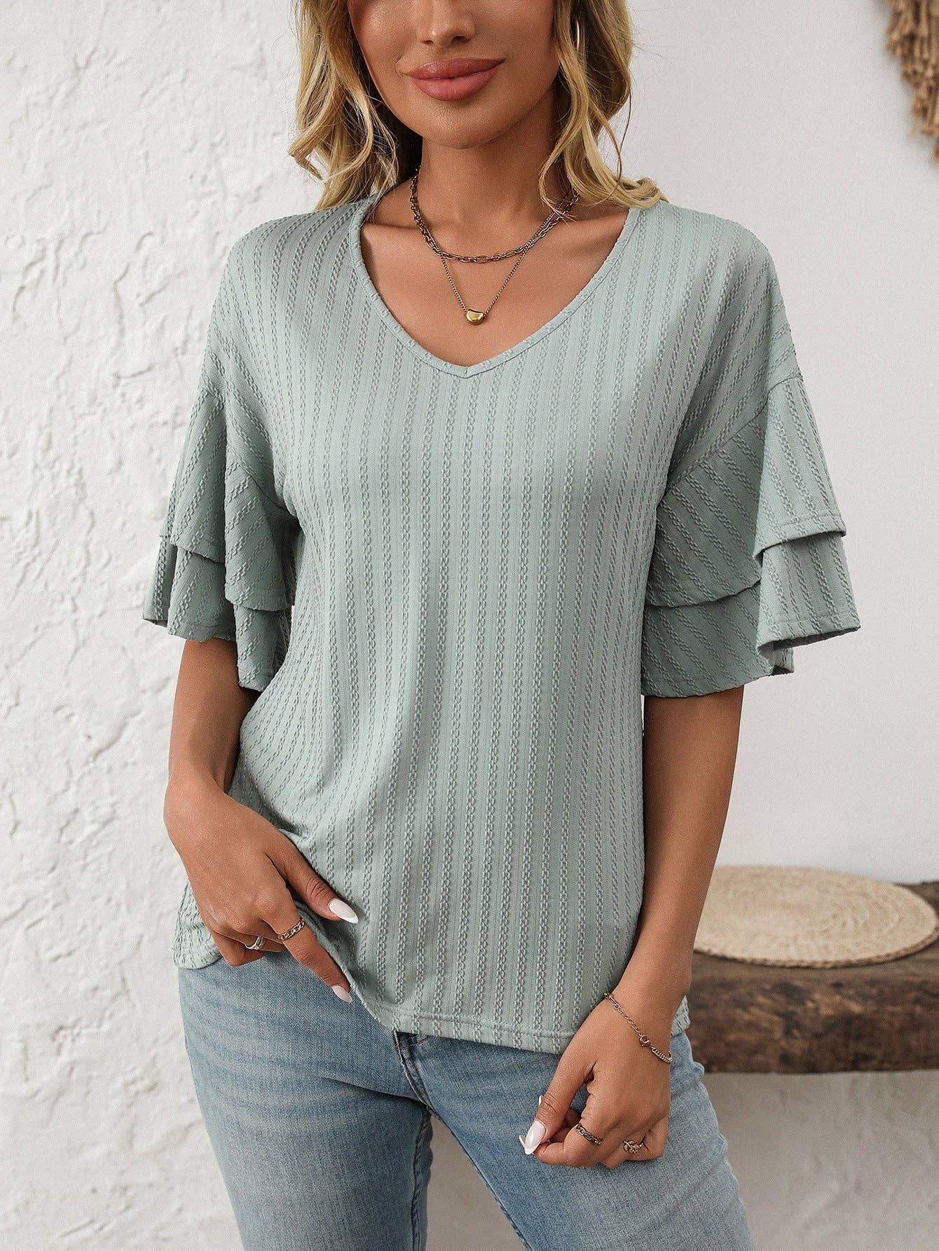 Lovesoft - 2025 Spring Solid Color V-Neck Ruffle Sleeve Short-Sleeve Top